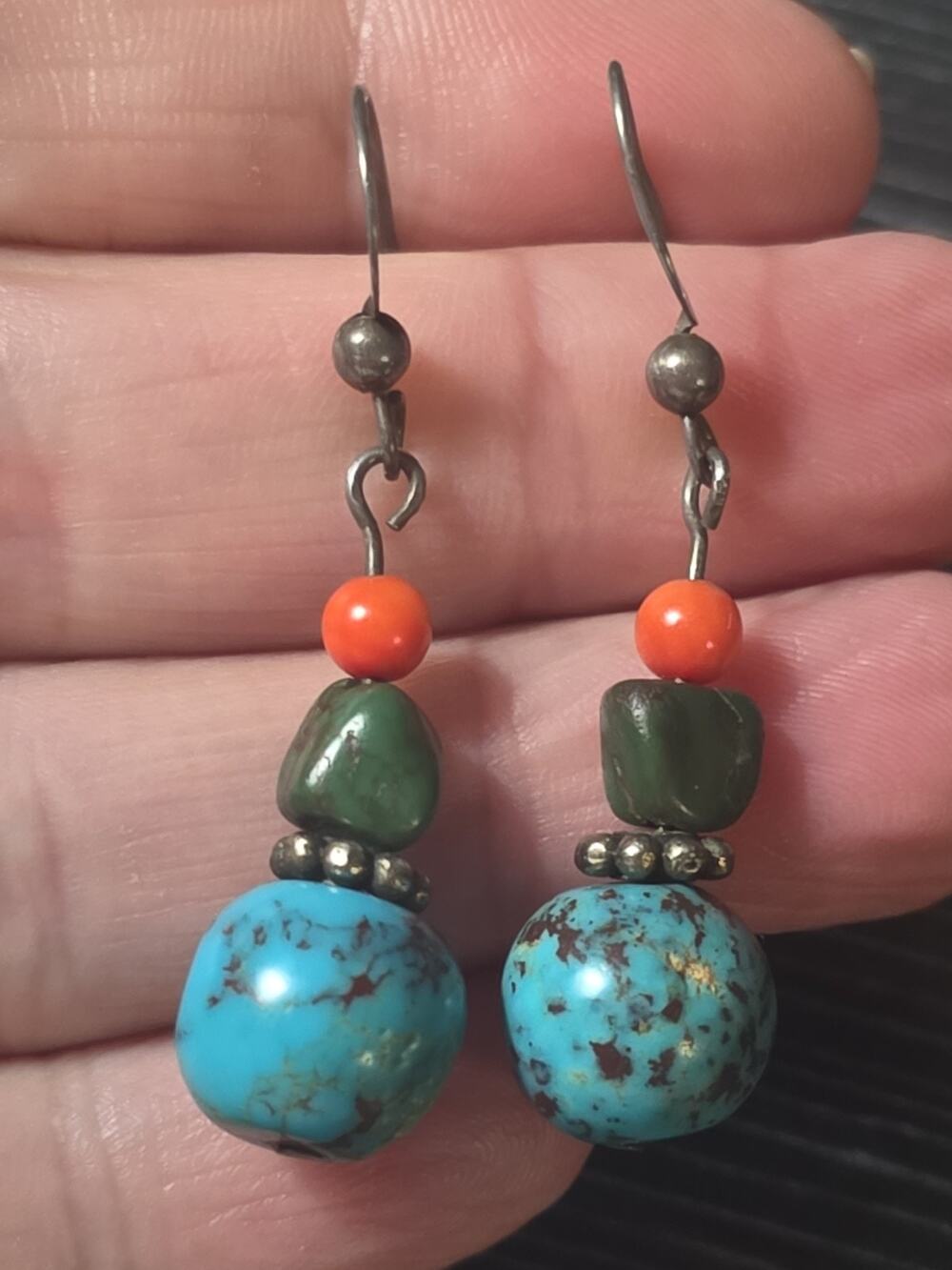 Beaded Dangle Earrings Sterling Silver Hooks Turquoise Green Red Stones Pierced